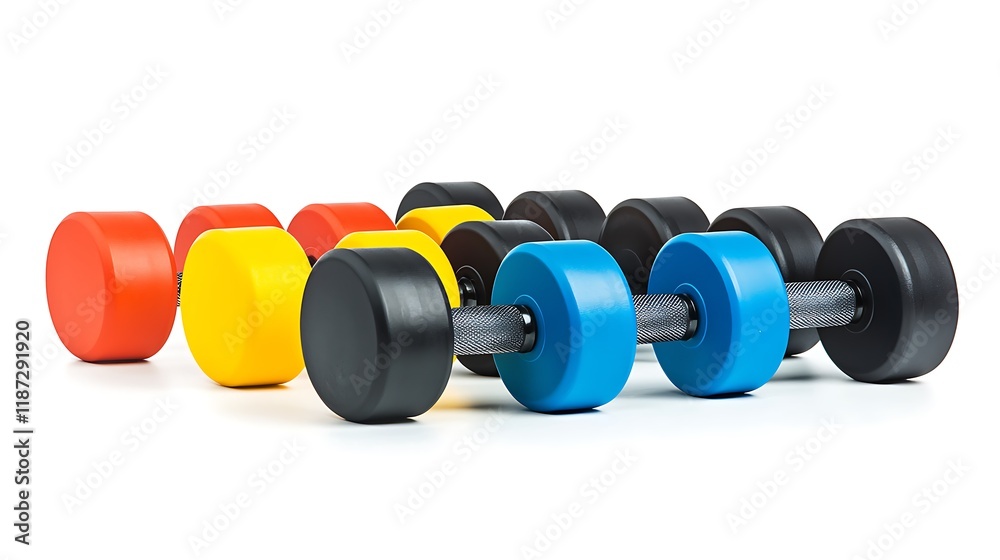 A row of colorful dumbbells are lined up on a white background A row of colorful dumbbells are lined up on a white background