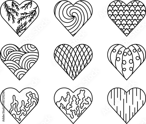 Heart doodles. Hand drawn different hearts. Valentine's Day heart collections. Symbol of love.