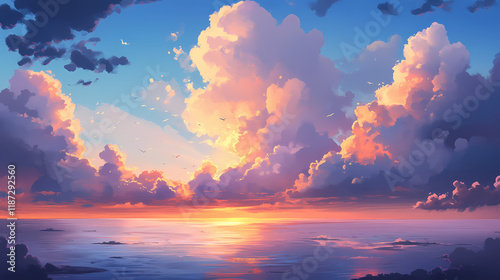 Calming blue sky with soft spindrift clouds and pale pinkish hues at sunset, gentle, peaceful, soothing. Sundrift. Illustration photo