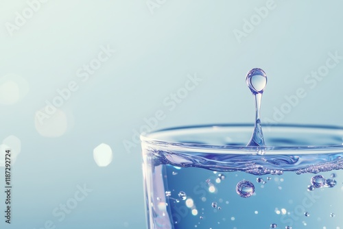 drink tap water campaign - environmental concept with a water droplet in a glass, highlighting the importance of clean tap water, minimal background with copy space photo