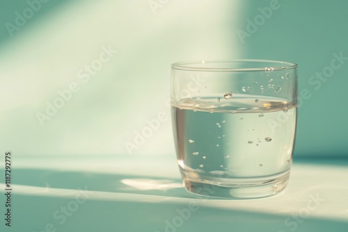 drink tap water campaign - environmental concept with a water droplet in a glass, highlighting the importance of clean tap water, minimal background with copy space photo