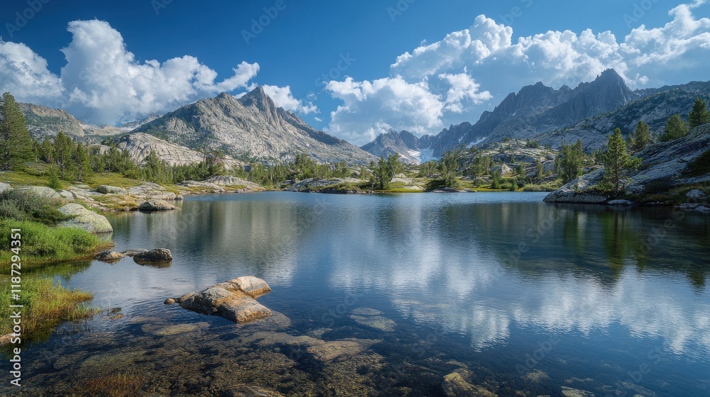 Fototapeta premium Secluded alpine lake with granite peaks and cascading waterfalls