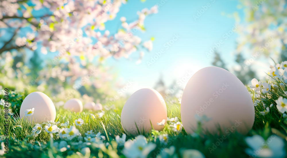 Spring flowering lawn with Easter eggs against the background of flowering trees and blue sky Spring flowering lawn with Easter eggs against the background of flowering trees and blue sky