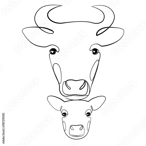 Head of a cow and a calf one line drawing on white isolated background