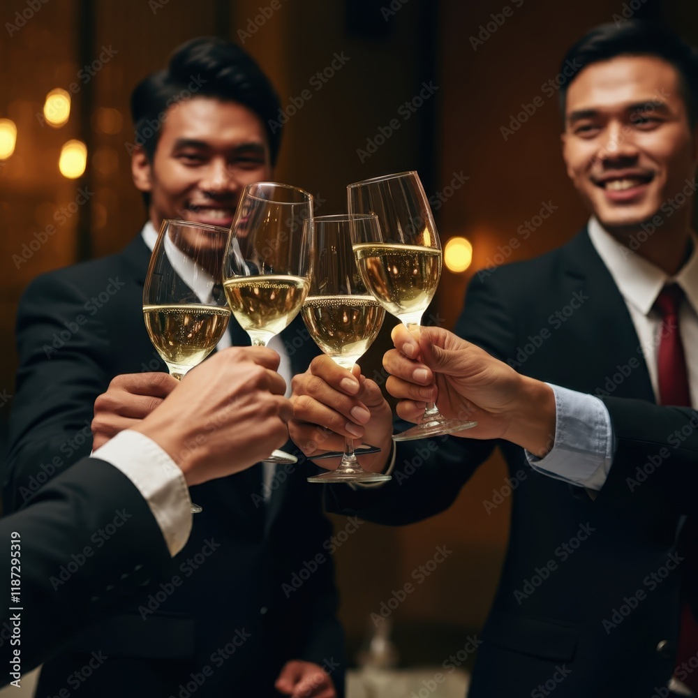 Elegant dinner party, men toasting with wine glasses, warm ambient lighting, sophisticated attire, bearded man with glasses, charming smiles, celebratory atmosphere, wooden paneled walls, close-up sho
