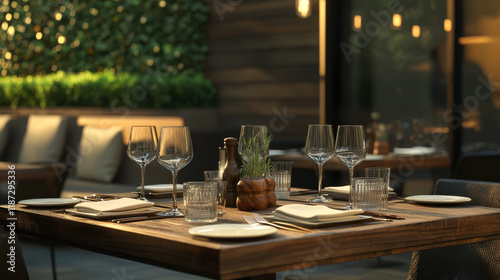 Table in the restaurant in the open air with glasses of wine and serving. photo