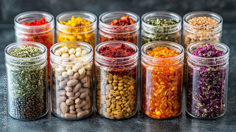 Wide variety of colorful spices and herbs displayed in clear jars on a counter in a kitchen setting Wide variety of colorful spices and herbs displayed in clear jars on a counter in a kitchen setting