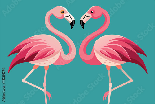 Pair of lovely pink flamingos. Animals couple. Vector flat illustration