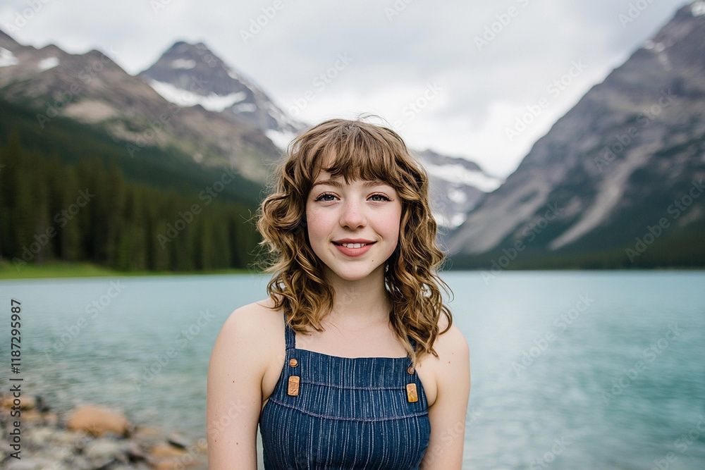 Woman smiling by tranquil lake among mountains Woman smiling by tranquil lake among mountains