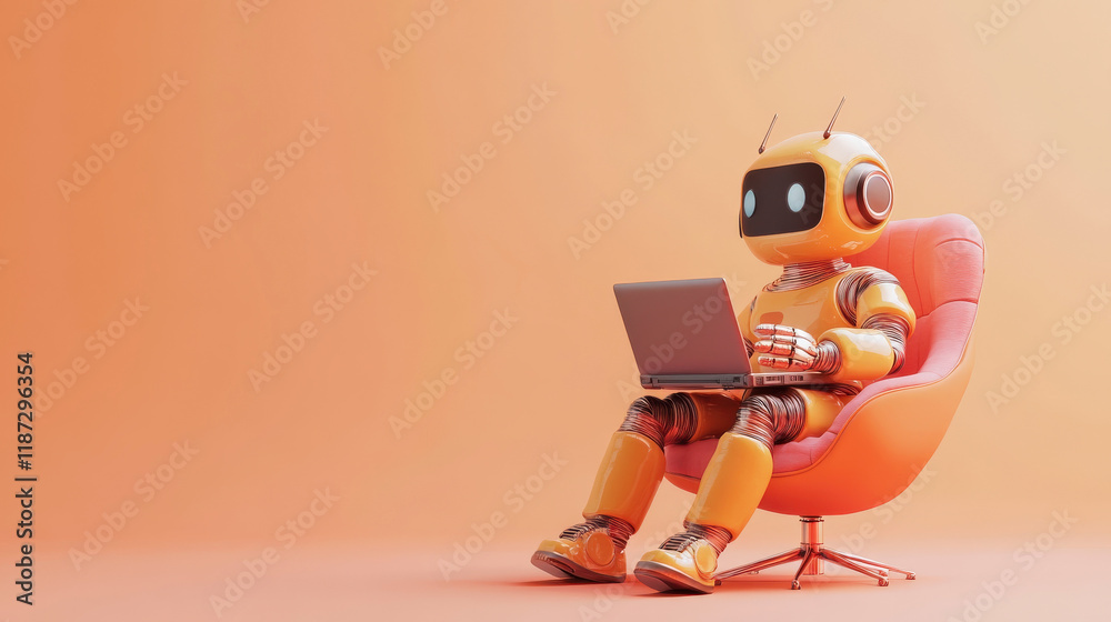 Fototapeta premium 3D illustration of a cute robot sitting on a chair interacting with a digital device