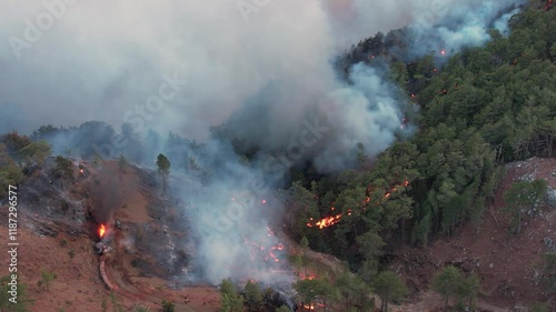 An aerial view shows a forest fire engulfing a hillside, with dense smoke rising and flames visible among the trees. The video the destructive power of the fire and its effect on the environment