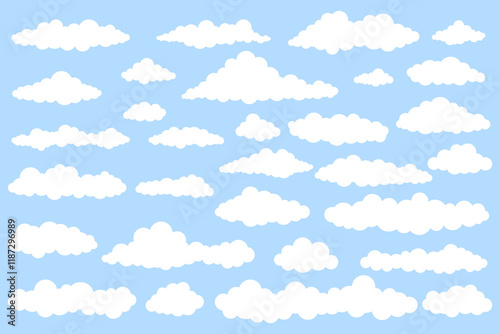 Vector Clouds Icon Collection for Weather and Web Design. White Clouds Different Shapes on Blue Background.