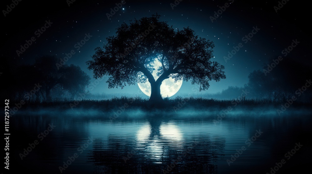 Naklejka premium Mystical moonlit night scene with a large tree reflected in a calm lake.