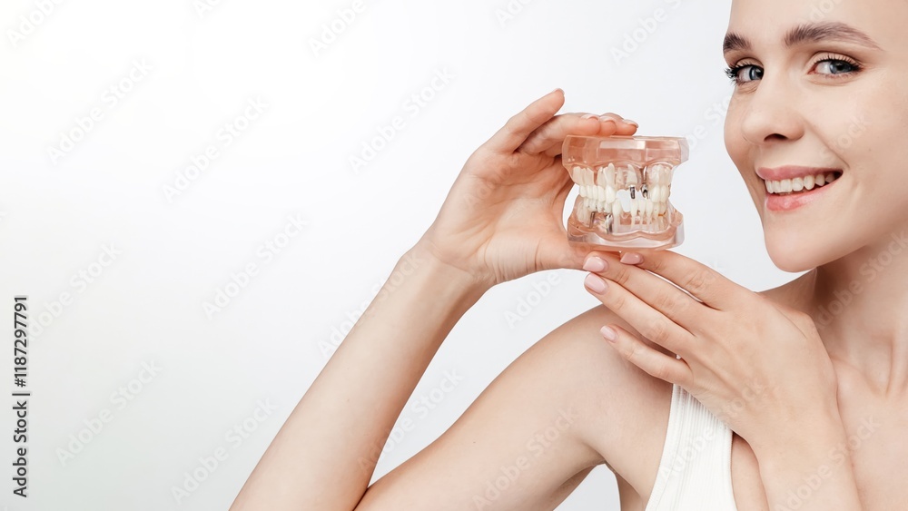 Woman showcases a jaw model with dental implants and looking at camera. The concept of dentistry, dental health and veneers. Perfect for promoting dental services. Isolated on white studio background Woman showcases a jaw model with dental implants and looking at camera. The concept of dentistry, dental health and veneers. Perfect for promoting dental services. Isolated on white studio background