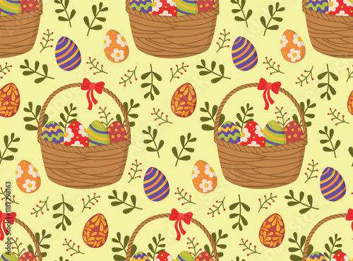 Easter pattern with wicker baskets, painted eggs and spring plants. Seamless bright background