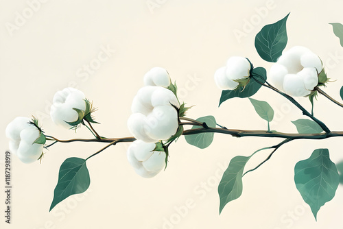 Close-up view of white cotton bolls on a branch with green leaves showcasing natural softness