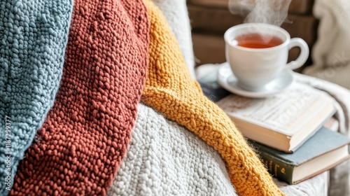 Cozy reading nook with colorful blankets home lifestyle warm environment close-up comfort and relaxation photo