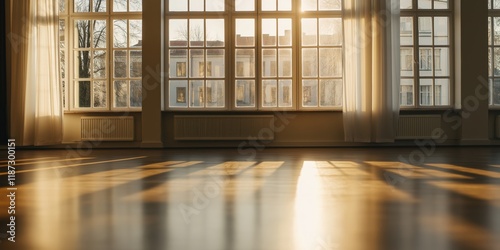 Beautiful sunlight pours through large windows in an empty hall, casting soft shadows on the polished floor, creating a serene atmosphere of tranquility and warmth. photo