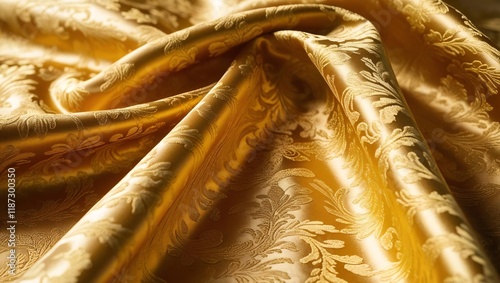 A close-up of golden silk fabric with intricate patterns, gently rippled as if caught by a breeze, showcasing elegance and texture.

 photo