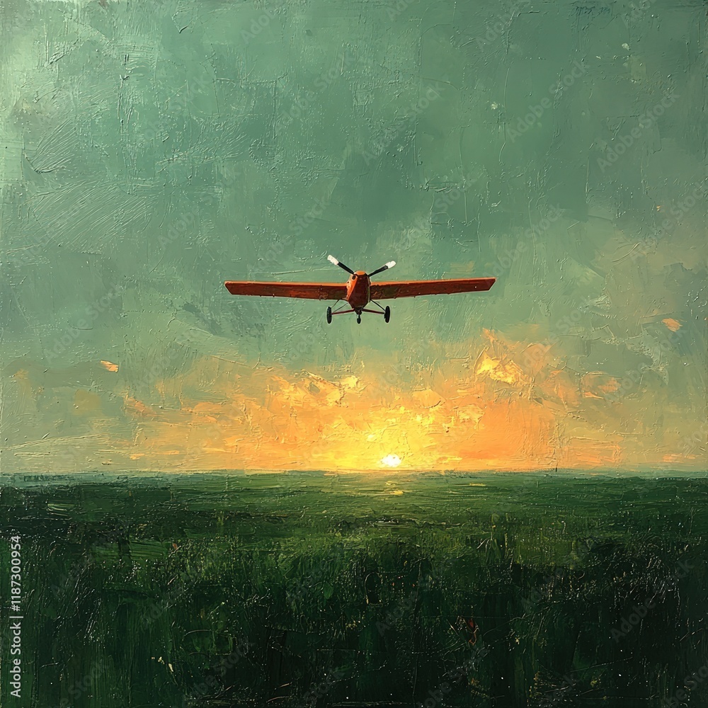 Fototapeta premium Sunset landscape; small plane flies overhead.