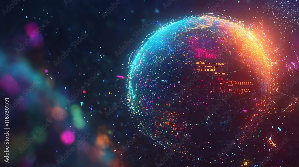Obraz premium Vibrant Digital Planet Surrounded by Colorful Data Visualizations