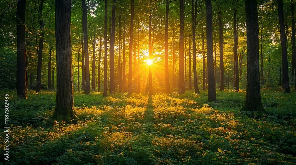 Obraz premium Sun rays illuminate a lush forest at sunset.