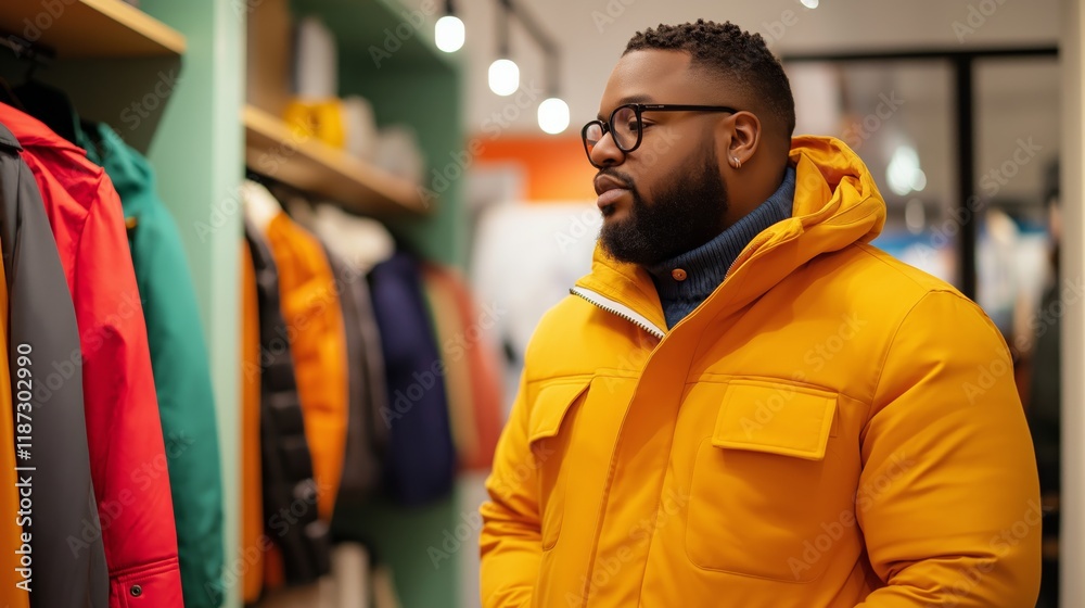 Fototapeta premium A plus-size man thoughtfully selects oversized clothing in a contemporary boutique, surrounded by vibrant colors and eclectic accessories
