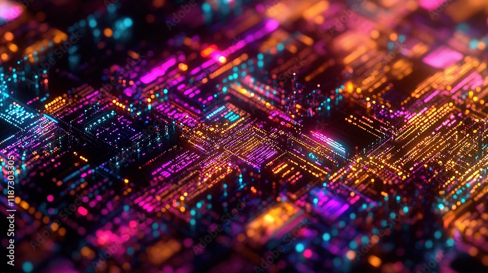 Fototapeta premium Vibrant Digital Technology Concept Showcasing Colorful Circuit Lines