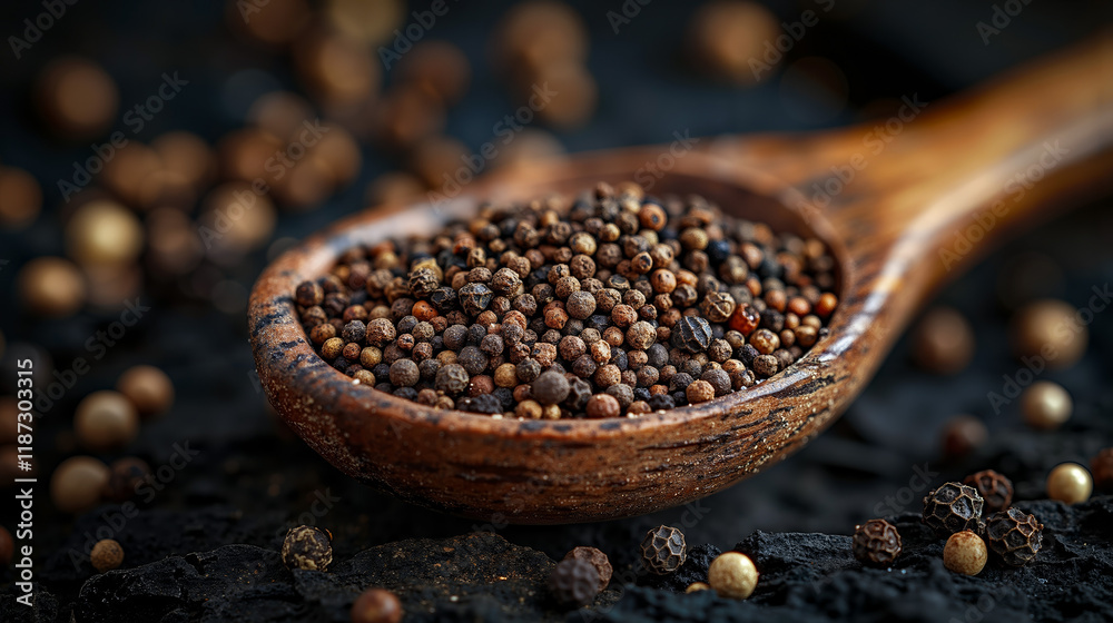 A wooden spoon filled with black peppercorns on top of a pile of black pebbles A wooden spoon filled with black peppercorns on top of a pile of black pebbles