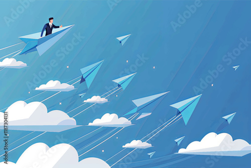 A businessman leads a fleet of paper airplanes, symbolizing innovative leadership and forward-thinking business strategies.
