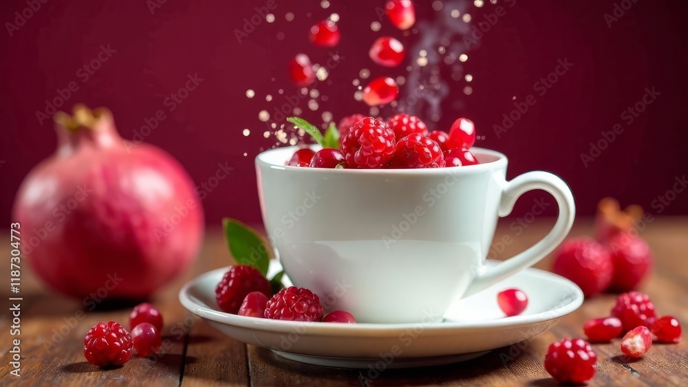 Fototapeta premium Fragrant tea with pomegranate and raspberry seeds in a white cup on a burgundy background