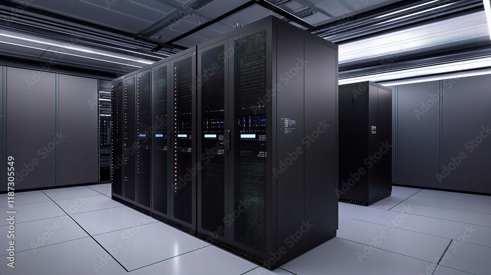Sleek Modern Data Center with Advanced Network Servers and Equipment Sleek Modern Data Center with Advanced Network Servers and Equipment
