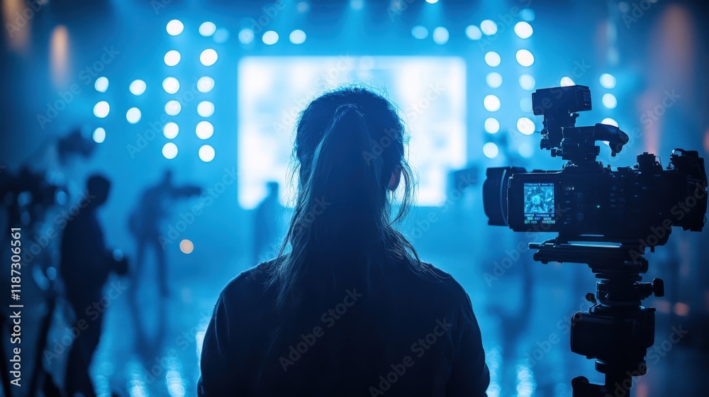 Fototapeta premium Behind the Scenes at a Lively Event With Cameras and Bright Stage Lights. Generative AI