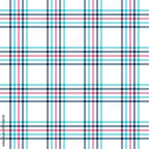 Illustration of plaid fabric with modern colors, in blue, red, navy, and turquoise tones, special weft yarn to simulate the texture of a fabric. Design for textures or repeats of garments or fashion p