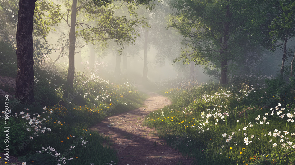 misty spring morning in a forest, with sunlight breaking through the trees, wildflowers blooming along the path, and soft green foliage everywhere misty spring morning in a forest, with sunlight breaking through the trees, wildflowers blooming along the path, and soft green foliage everywhere