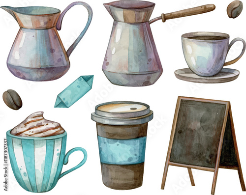 Watercolor hand painted coffee set. Brown, sweet, coffee, cup. Illustration isolated on white background. Use it for postcards, invitations, and scrapbooking.