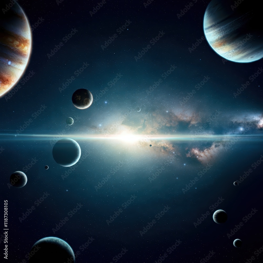 Fototapeta premium Space scene, cosmic landscape, planets in orbit, ringed gas giant, celestial bodies, swirling galaxies, bright stars, nebula, cosmic dust, asteroid belt, interstellar exploration, deep space, cosmic l