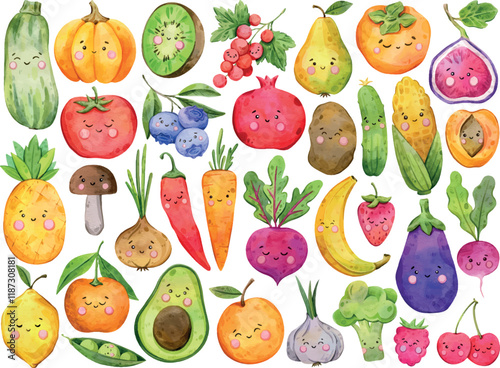 Watercolor large illustration set of fruits and vegetables on a white background. Pumpkin, strawberry, apple, pear, fig, orange. Use for party invitations, postcards, decorations, scrapbooking.