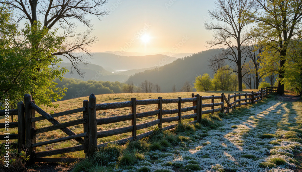 Fototapeta premium Beautiful spring sunrise over rolling hills with wooden fence and blossoming flowers, tranquil outdoor scene