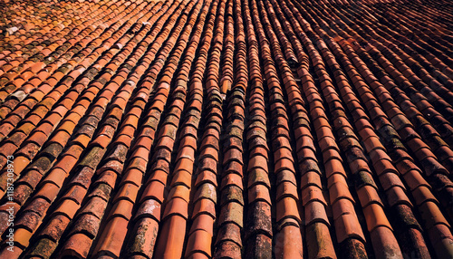 close up of rustic terracotta roof tiles with weathered texture for themes related to architecture heritage or mediterranean aesthetics for nature lovers travel background high quality photo photo