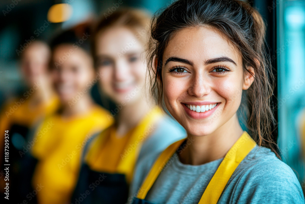 Obraz premium Worker smiling woman in yellow apron for cleaning work with team in teamwork