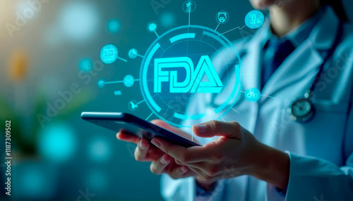 Woman holding tablet with blue screen with FDA. Food and Drug Administration Department Service, Medical technology concept
