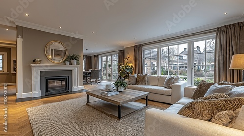 Wallpaper Mural Luxurious living room with fireplace, large windows, and comfortable seating. Torontodigital.ca