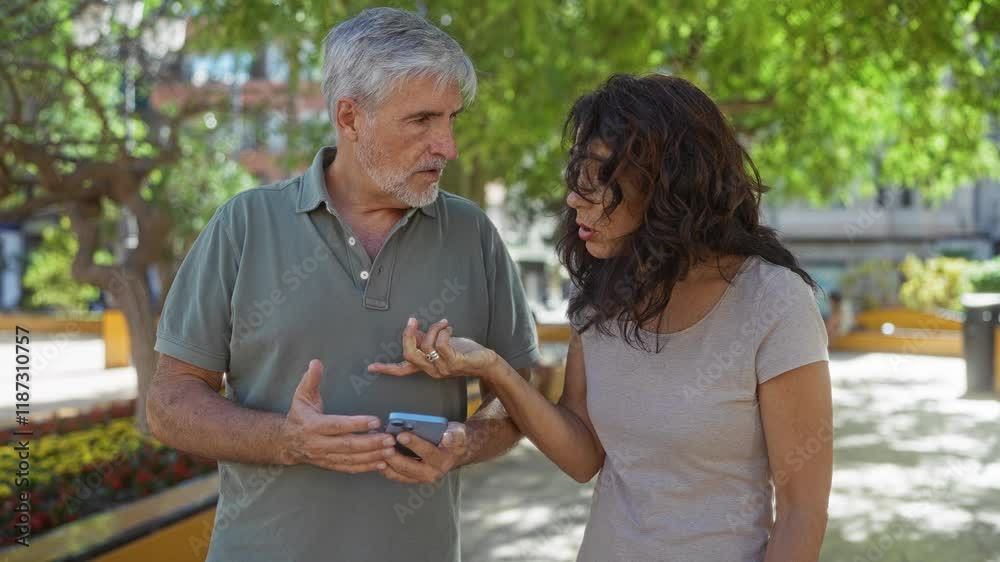 Middle-aged couple discussing while looking at smartphone in sunny urban park setting with green trees. Middle-aged couple discussing while looking at smartphone in sunny urban park setting with green trees.