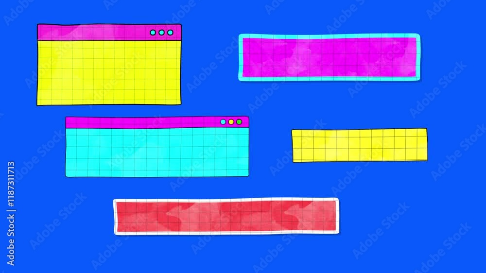 Set of five isolated colorful paper lower thirds. Animated interface system paper cut elements on a transparent alpha channel. Place for text.