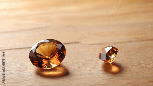 Close-up of a gem hessonite on a wooden table background, pastel anime style photo