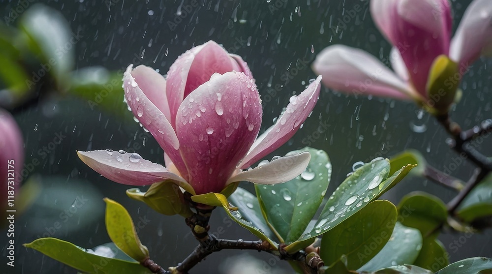 Fototapeta premium Magnolia flower in the rain, water drops on flower, spring flower, magnolia, close-up