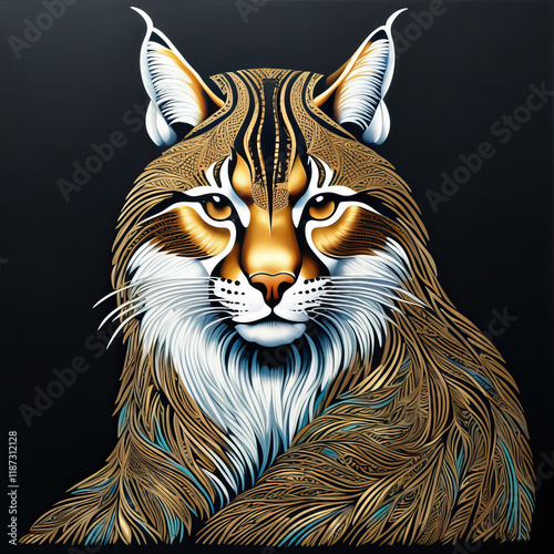 Lynx line art. Hand-drawn with ethnic floral doodle pattern.