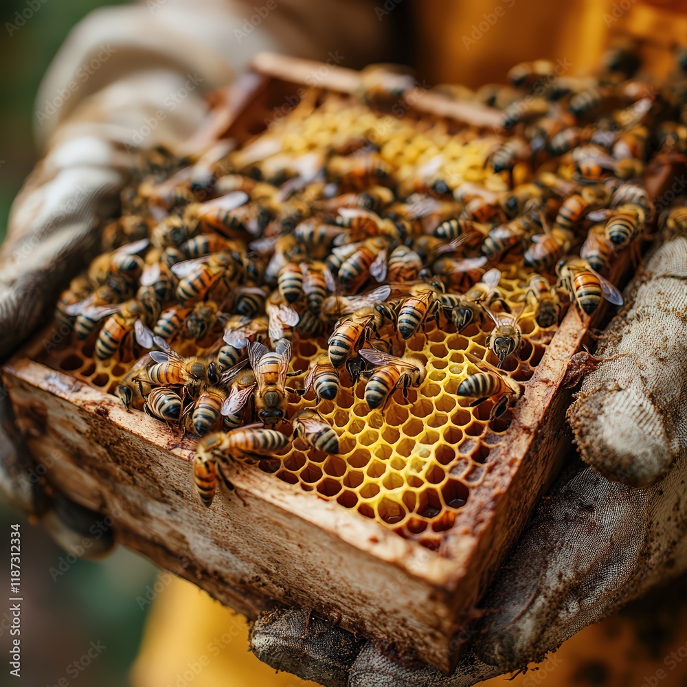 Close-up of a beekeeper’s hands holding a honeycomb full of bees Close-up of a beekeeper’s hands holding a honeycomb full of bees