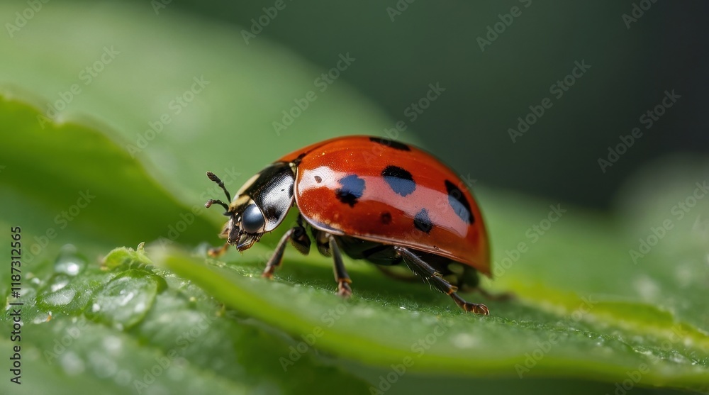 Red ladybug on a green leaf, close-up, macro photo Red ladybug on a green leaf, close-up, macro photo